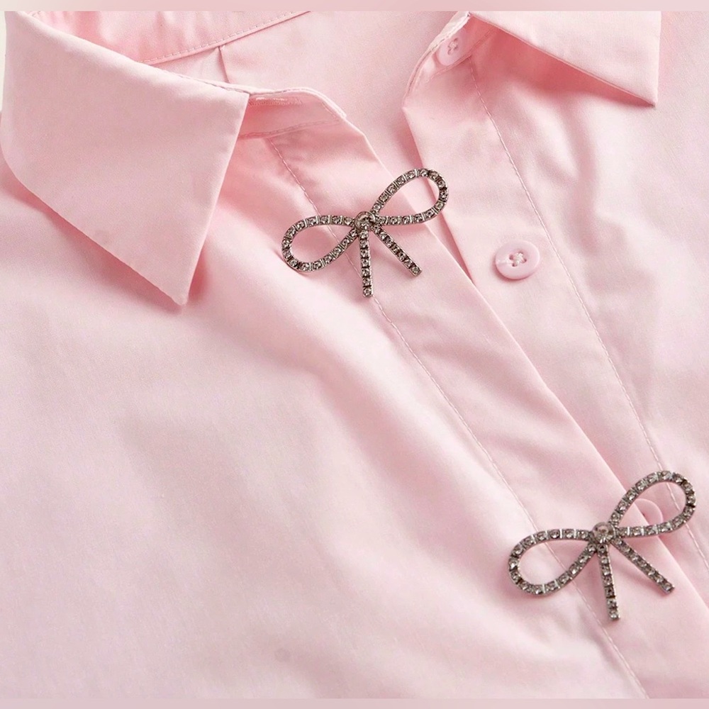 Rhinestone Bow Blouse pink button down shirt gift Mothers Day top XS S women 2 4